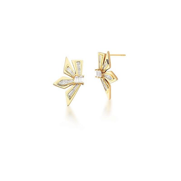Brinco flor zircônias baguetes ouro semijoia