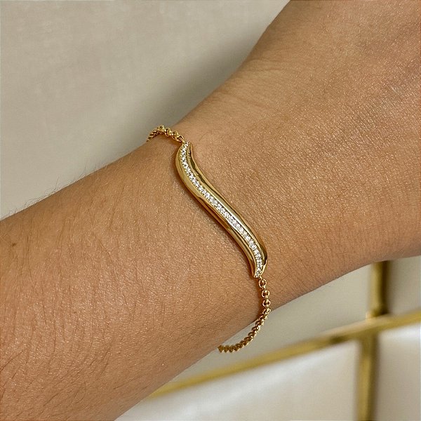 Pulseira corrente pingente curvado zircônia ouro semijoia