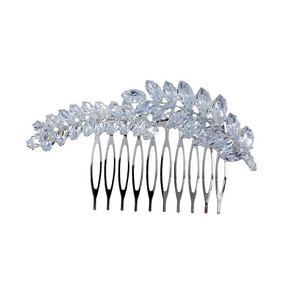 Pente metal folhas cristais prateado 3638101