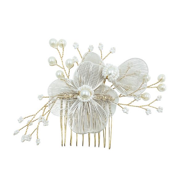 Pente metal flores pérolas dourado
