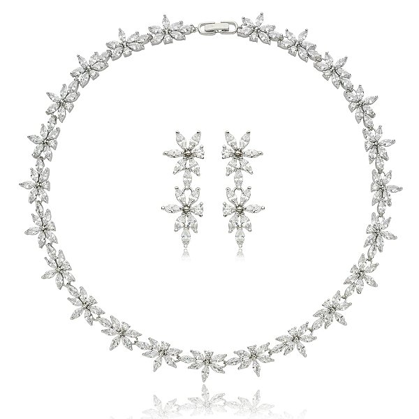Colar e brinco flores zircônias ródio semijoia TL 3