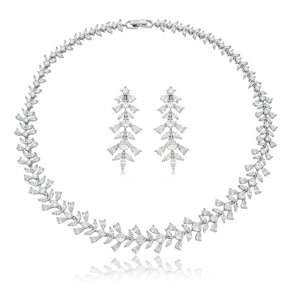 Colar e brinco cascata zircônias ródio semijoia TL 5