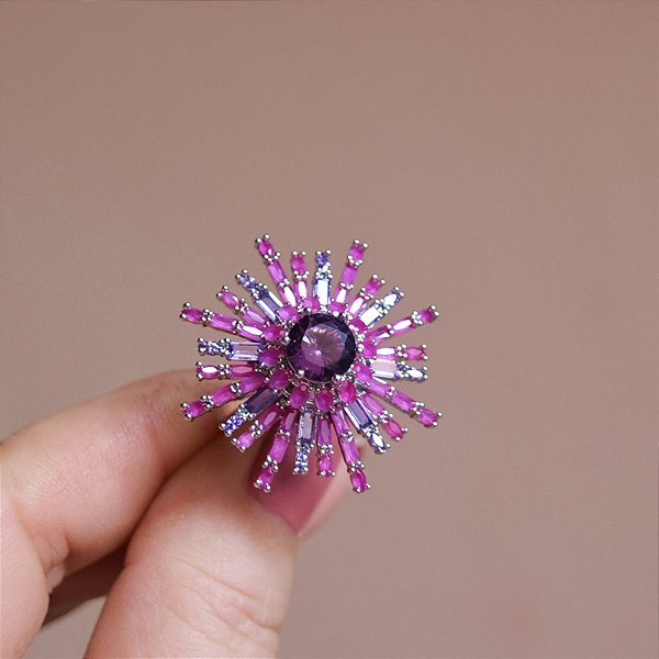 Anel ajustável Elaine Palma cristais pink e lilás ródio semijoia