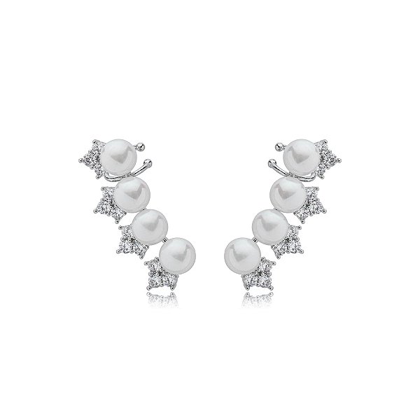 Brinco ear cuff zircônias pérolas ródio semijoia 23k03024