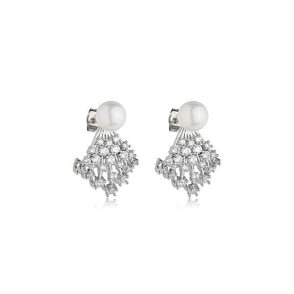 Brinco ear hook zircônias pérolas ródio semijoia BA-5080