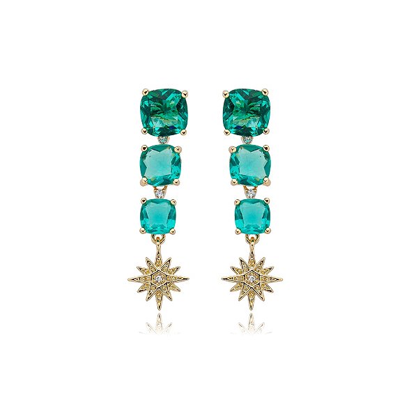 Brinco quadradinhos cristais verde turmalina ouro semijoia 23a033001