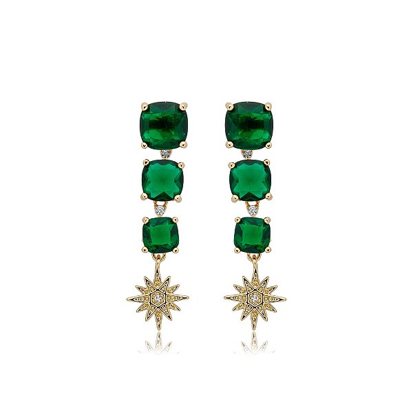 Brinco quadradinhos cristais verde esmeralda ouro semijoia 23a033001
