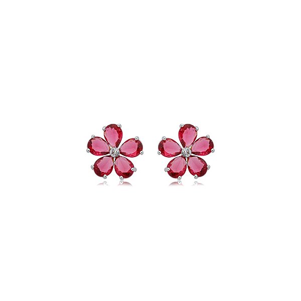 Brinco flor cristais pink ródio semijoia 14a04005