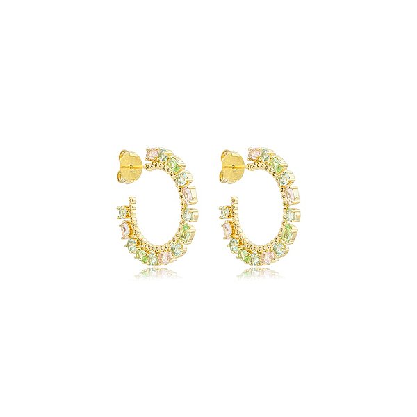 Brinco argolinha zircônias coloridas ouro semijoia HY 464
