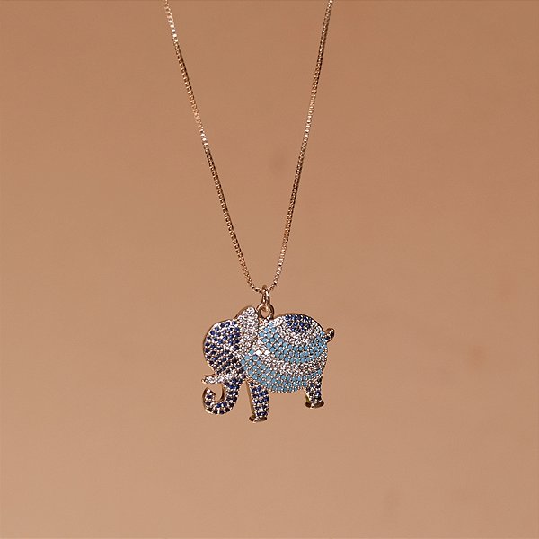 Colar elefante zircônia azul ouro semijoia XD 936
