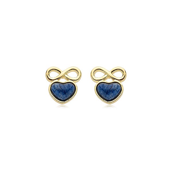 Brinco infinito coração pedra natural feldspato azul ouro semijoia