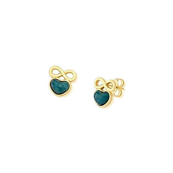 Brinco infinito coração pedra natural feldspato verde ouro semijoia