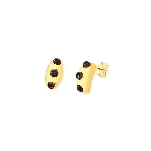 Brinco curvado pedra natural obsidiana fumê ouro semijoia
