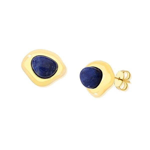 Brinco orgânico pedra natural sodalita ouro semijoia