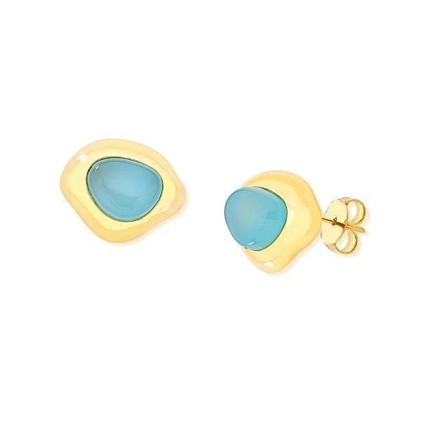 Brinco orgânico pedra natural ágata azul céu ouro semijoia