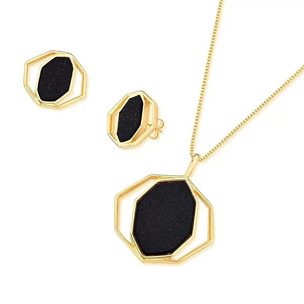 Colar e brinco pedra natural estrela ouro semijoia