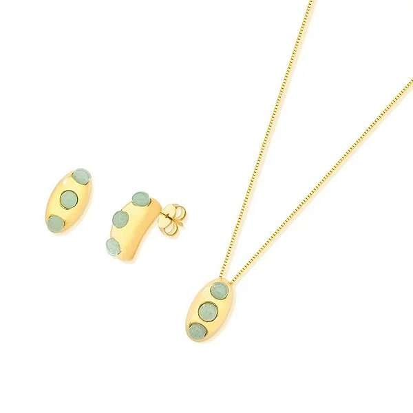 Colar e brinco curvado pedra natural quartzo verde ouro semijoia