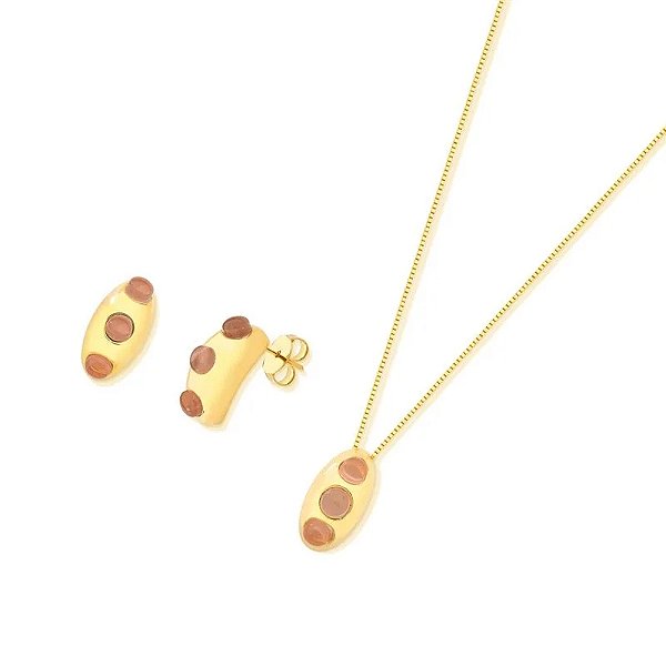 Colar e brinco curvado pedra natural quartzo rosa ouro semijoia