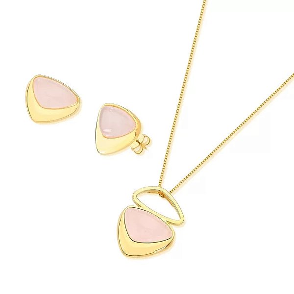 Colar e brinco pedra natural quartzo rosa ouro semijoia