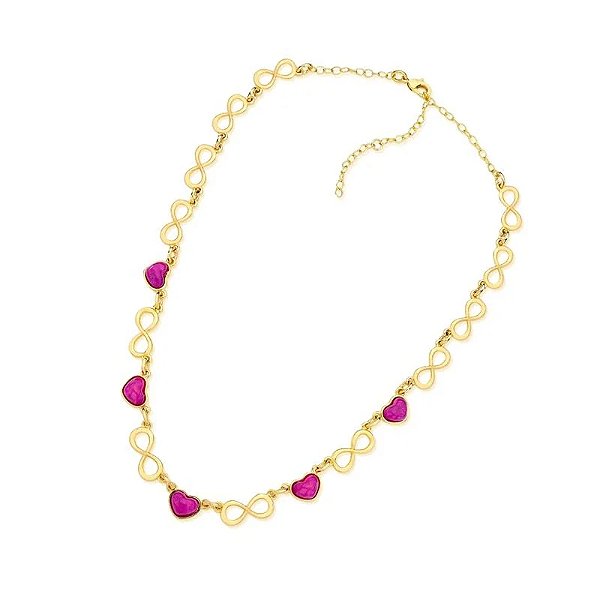 Colar infinito coração pedra natural feldspato rosa ouro semijoia