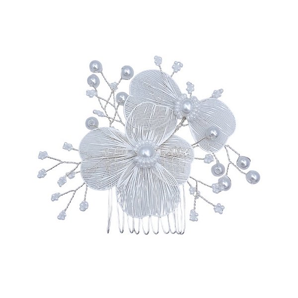 Pente metal flores tule pérolas prateado