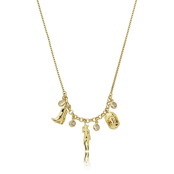 Colar penduricalhos chapéu cowgirl bota cristais ouro semijoia
