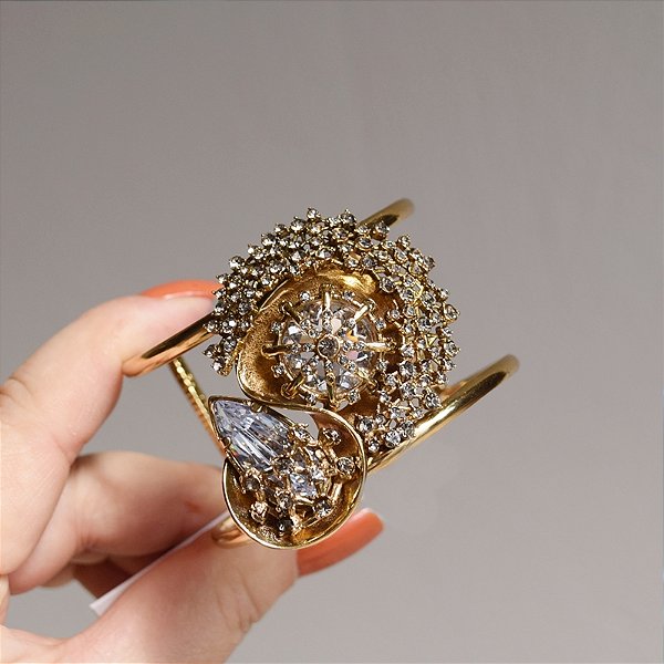 Bracelete Claudia Arbex cristais fumê ouro vintage