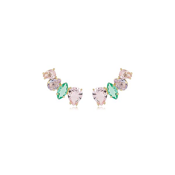 Brinco ear cuff cristais coloridos ouro semijoia