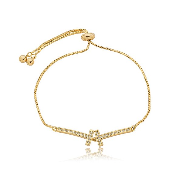 Pulseira gravatinha zircônia ouro semijoia PU 969