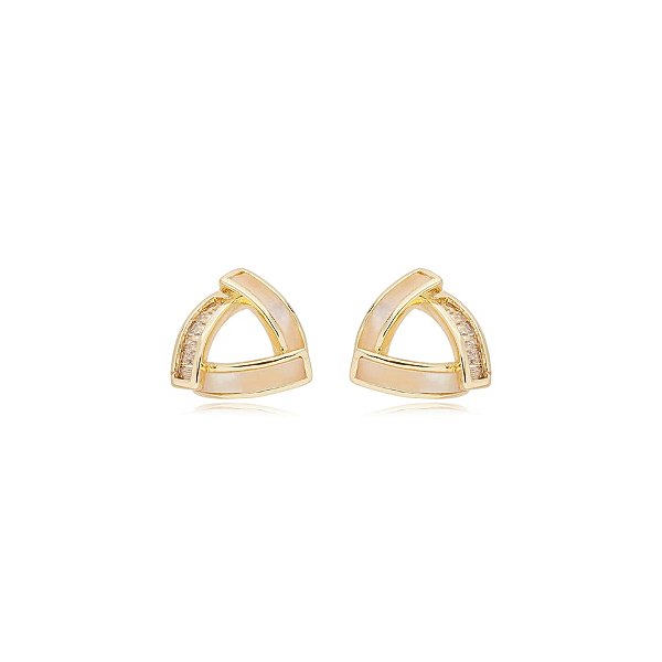 Brinco triangular madrepérola zircônia ouro semijoia E10656