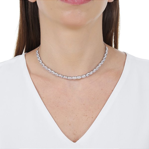 Colar choker gravatinha zircônia cristal oval ródio semijoia JL-1904110