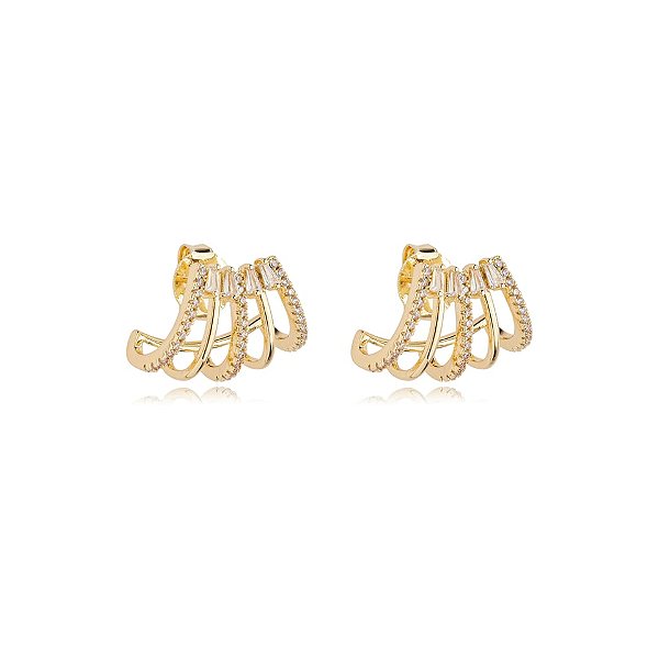 Brinco ear jacket garras zircônia ouro semijoia E10169