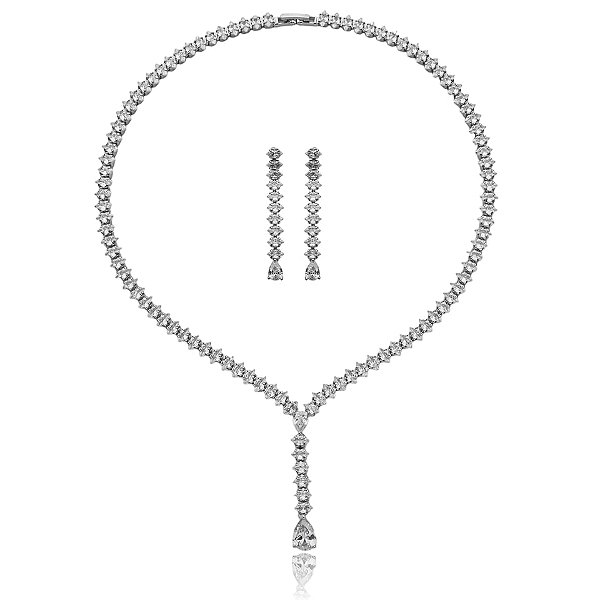 Colar e brinco zircônias ródio semijoia CZ 129