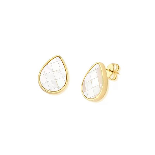 Brinco gota pedra natural madrepérola mosaico ouro semijoia
