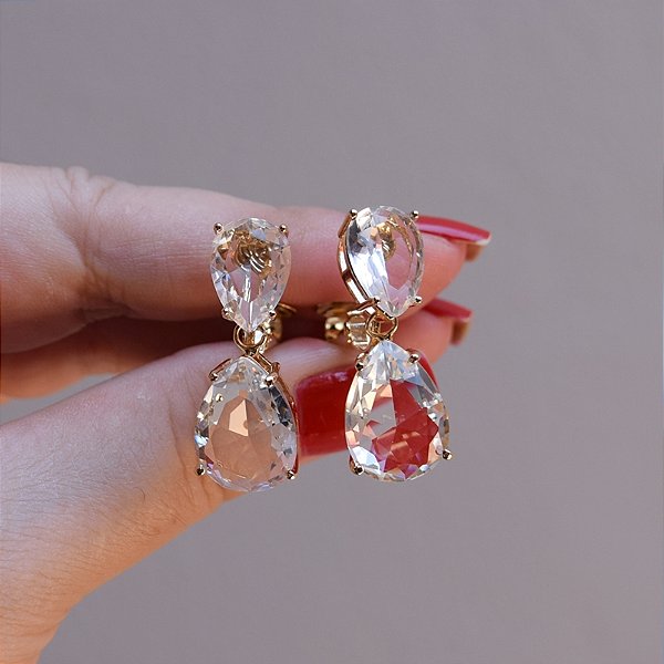 Brinco pressão gota cristal ouro semijoia