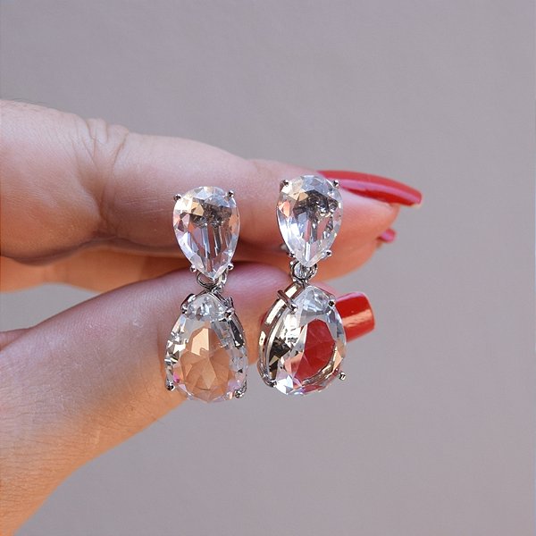 Brinco pressão gota cristal ródio semijoia