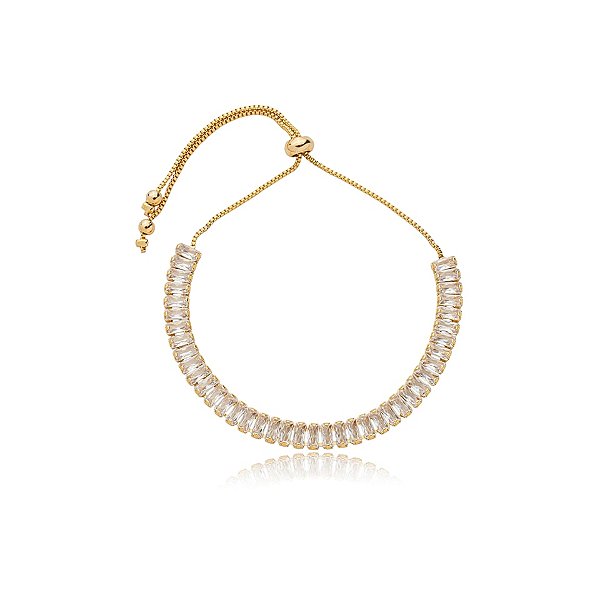 Pulseira gravatinha zircônia baguete cristal ouro semijoia PLC 326