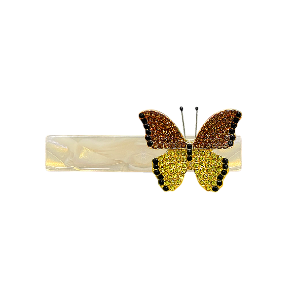 Presilha acetato bege marmorizado borboleta cristais laranja e amarelo