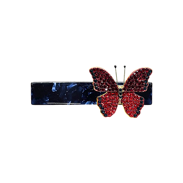 Presilha acetato preto marmorizado borboleta cristais vermelho