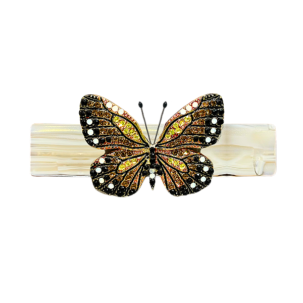 Presilha acetato bege marmorizado borboleta cristais coloridos