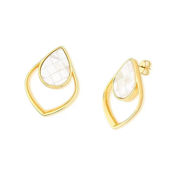 Brinco gota madrepérola mosaico ouro semijoia