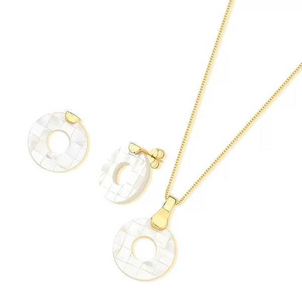 Colar e brinco redondo madrepérola mosaico vazado ouro semijoia