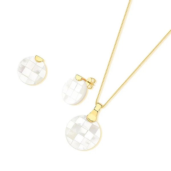 Colar e brinco redondo madrepérola mosaico ouro semijoia