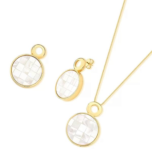 Colar e brinco redondo madrepérola mosaico ouro semijoia