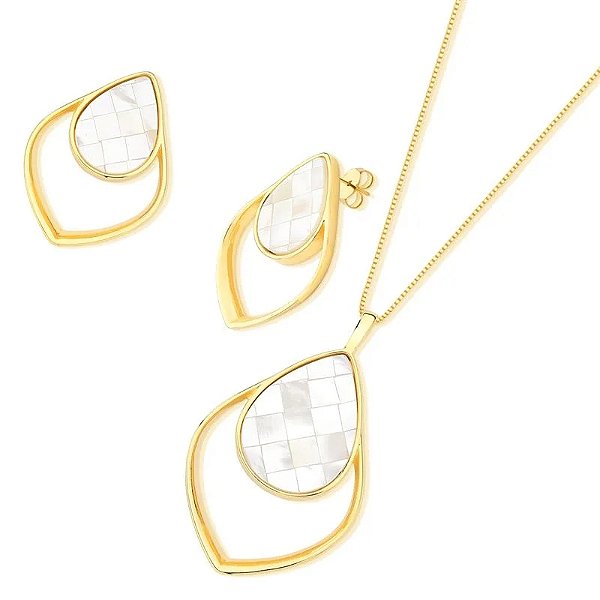 Colar e brinco gota madrepérola mosaico ouro semijoia