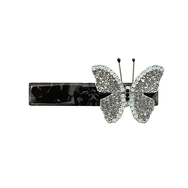 Presilha acetato preto marmorizado borboleta cristais branco