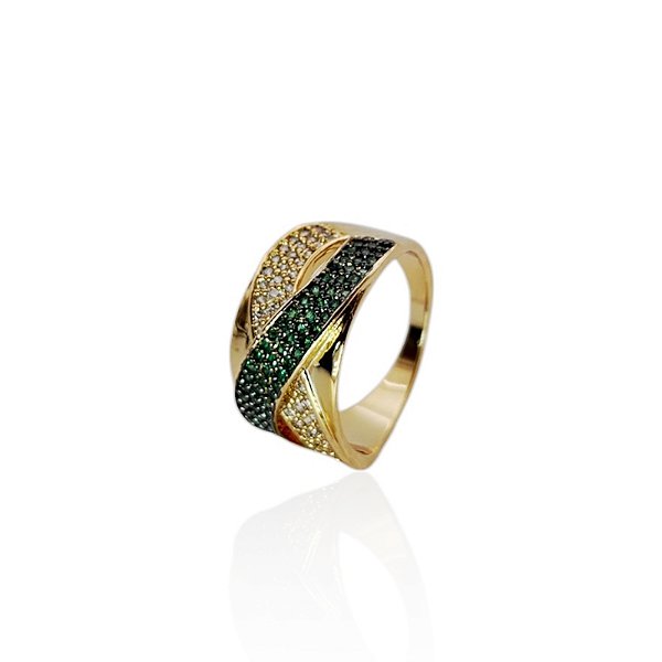 Anel trançado zircônia verde ouro semijoia JZ-230610