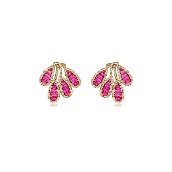 Brinco pétalas zircônia rosa ródio semijoia E230614