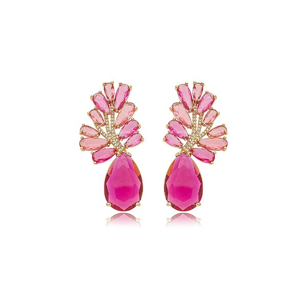 Brinco gota zircônia rosa ouro semijoia E220435