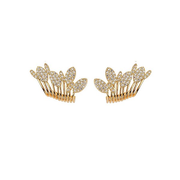 Brinco ear hook folhas zircônia ouro semijoia E230709